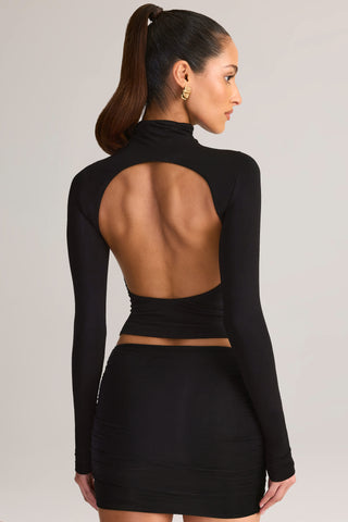 Modal Ruched Backless Turtleneck Top in Black