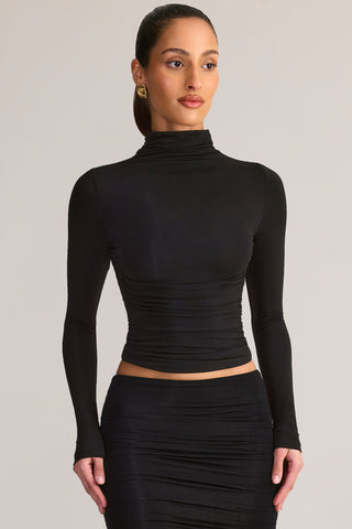 Modal Ruched Backless Turtleneck Top in Black