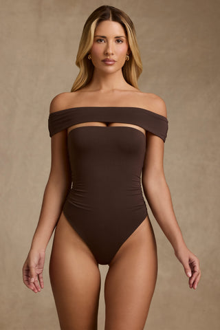 Modal Cut-Out Off-Shoulder Bodysuit in Chocolate Brown