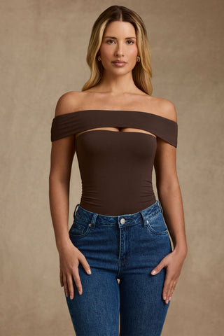 Modal Cut-Out Off-Shoulder Bodysuit in Chocolate Brown