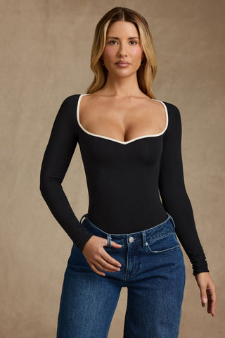 Modal Contrast-Trim Bodysuit in Black