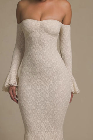 Off-Shoulder Ruffle Lace Maxi Dress in Ivory