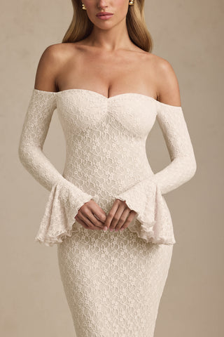 Off-Shoulder Ruffle Lace Maxi Dress in Ivory
