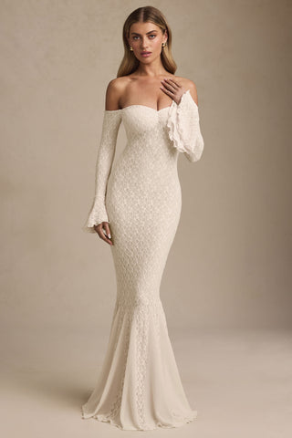 Off-Shoulder Ruffle Lace Maxi Dress in Ivory