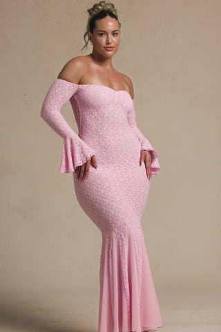 Off-Shoulder Ruffle Lace Maxi Dress in Soft Pink