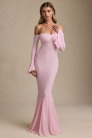 Off-Shoulder Ruffle Lace Maxi Dress in Soft Pink