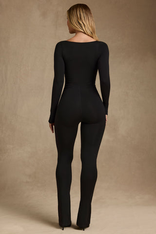 Modal Ruched Long-Sleeve Jumpsuit in Black