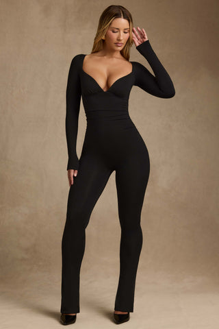 Modal Ruched Long-Sleeve Jumpsuit in Black