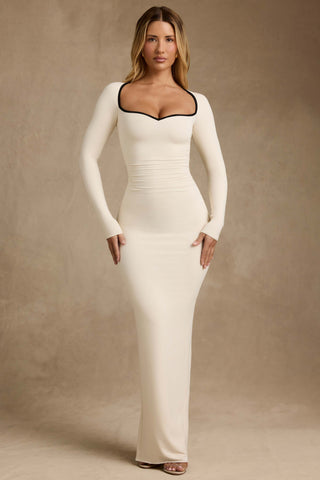 Modal Contrast-Trim Maxi Dress in Ivory