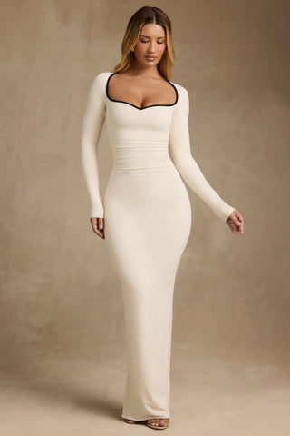 Modal Contrast-Trim Maxi Dress in Ivory