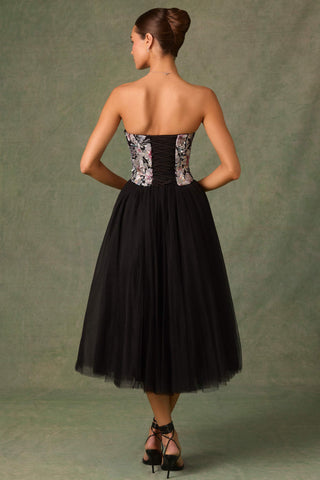 Embellished Lace-Up Cupless Corset in Floral Black