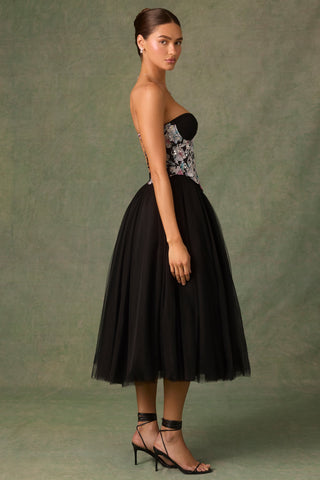 Embellished Lace-Up Cupless Corset in Floral Black