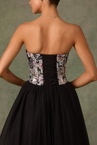 Embellished Lace-Up Cupless Corset in Floral Black