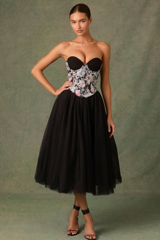 Embellished Lace-Up Cupless Corset in Floral Black