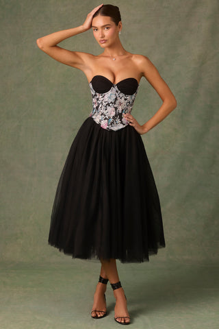 Embellished Lace-Up Cupless Corset in Floral Black