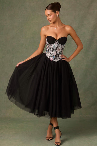 Embellished Lace-Up Cupless Corset in Floral Black