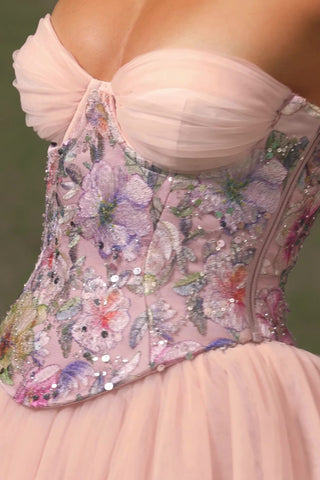 Embellished Lace-Up Cupless Corset in Floral Pink