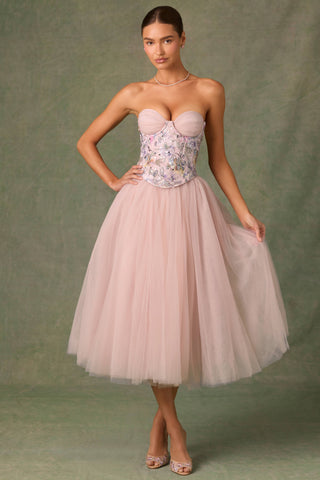 Embellished Lace-Up Cupless Corset in Floral Pink