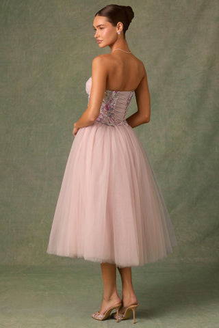 Embellished Lace-Up Cupless Corset in Floral Pink