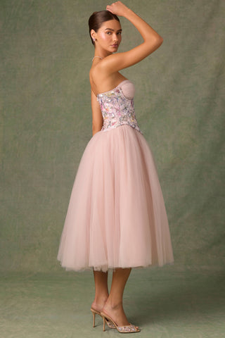 Embellished Lace-Up Cupless Corset in Floral Pink