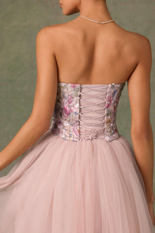 Embellished Lace-Up Cupless Corset in Floral Pink