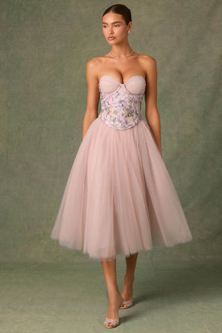 Embellished Lace-Up Cupless Corset in Floral Pink