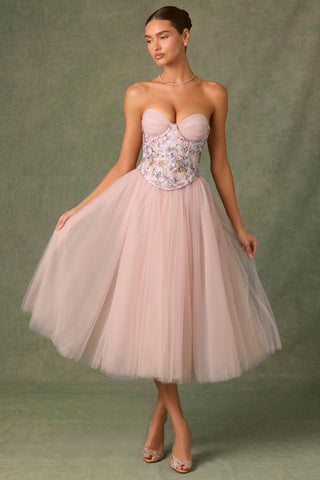 Embellished Lace-Up Cupless Corset in Floral Pink