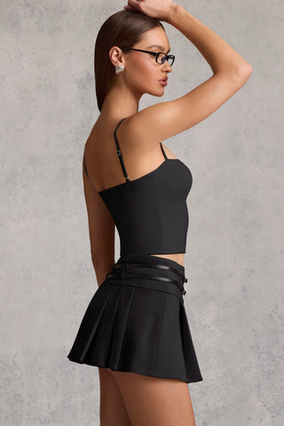 Belted Low-Rise Pleated Mini Skirt in Black
