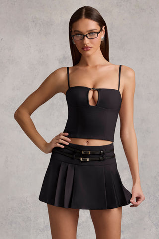 Belted Low-Rise Pleated Mini Skirt in Black