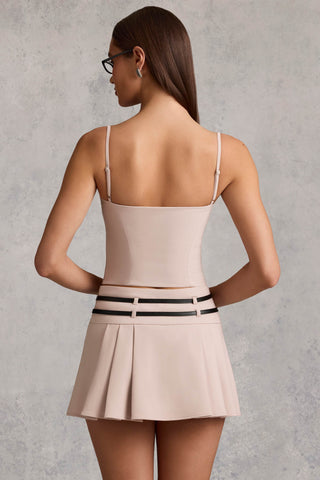 Belted Low-Rise Pleated Mini Skirt in Mushroom