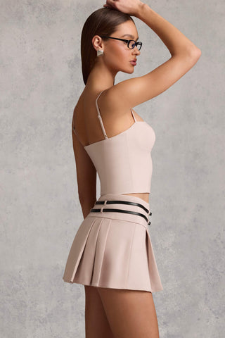 Belted Low-Rise Pleated Mini Skirt in Mushroom