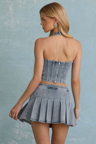 Low-Rise Pleated Mini Skirt in Light Blue