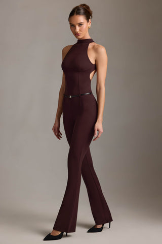 Backless Turtleneck Jumpsuit in Chocolate Brown