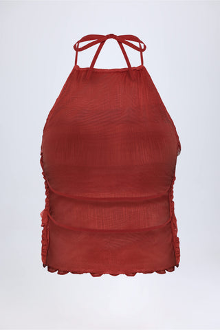 Ruffled High-Neck Backless Top in Burnt Red