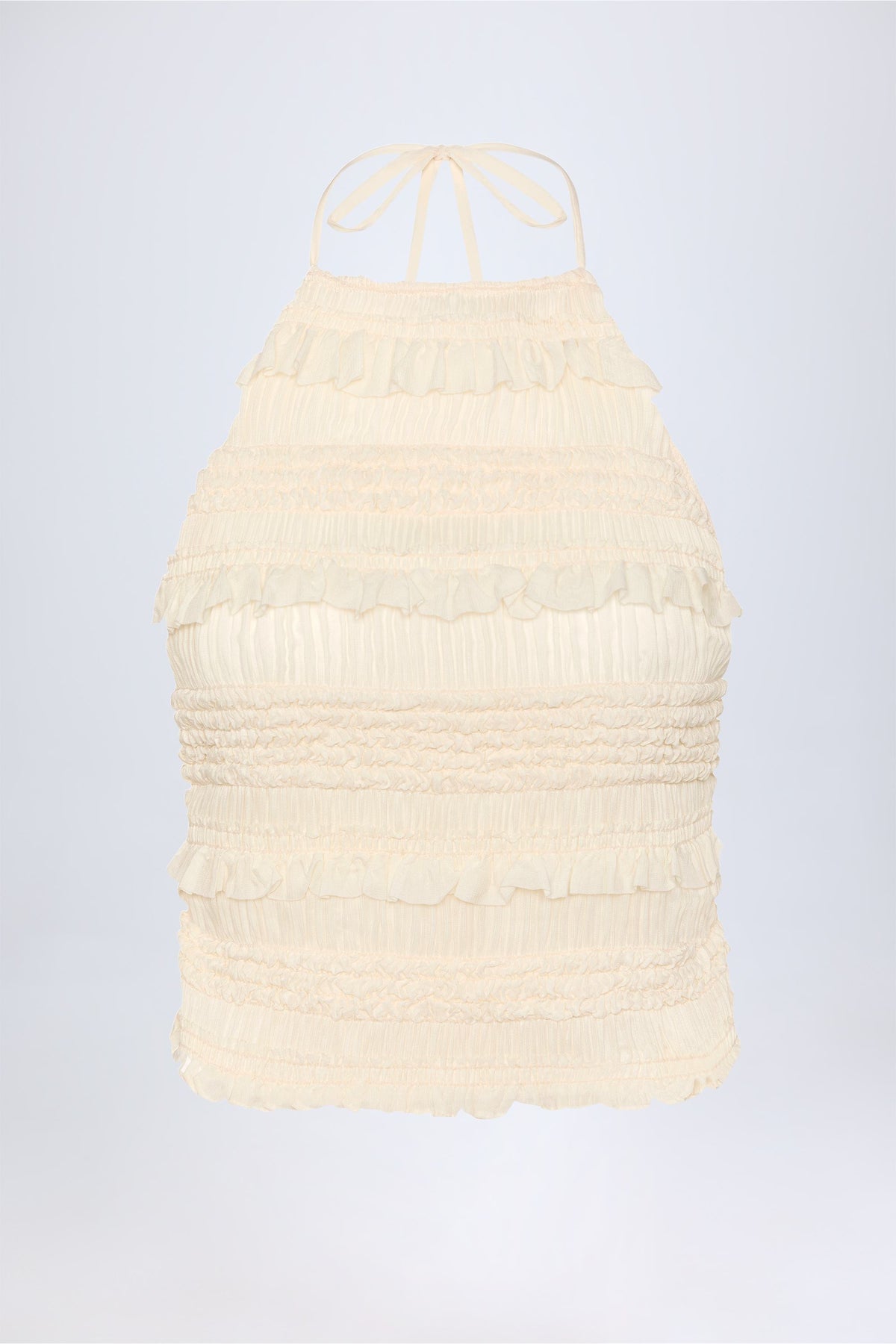 Ruffled High-Neck Backless Top in Ivory