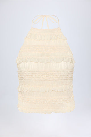 Ruffled High-Neck Backless Top in Ivory