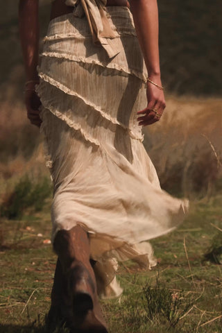Ruffled Asymmetric Mid-Rise Maxi Skirt in Tan Print