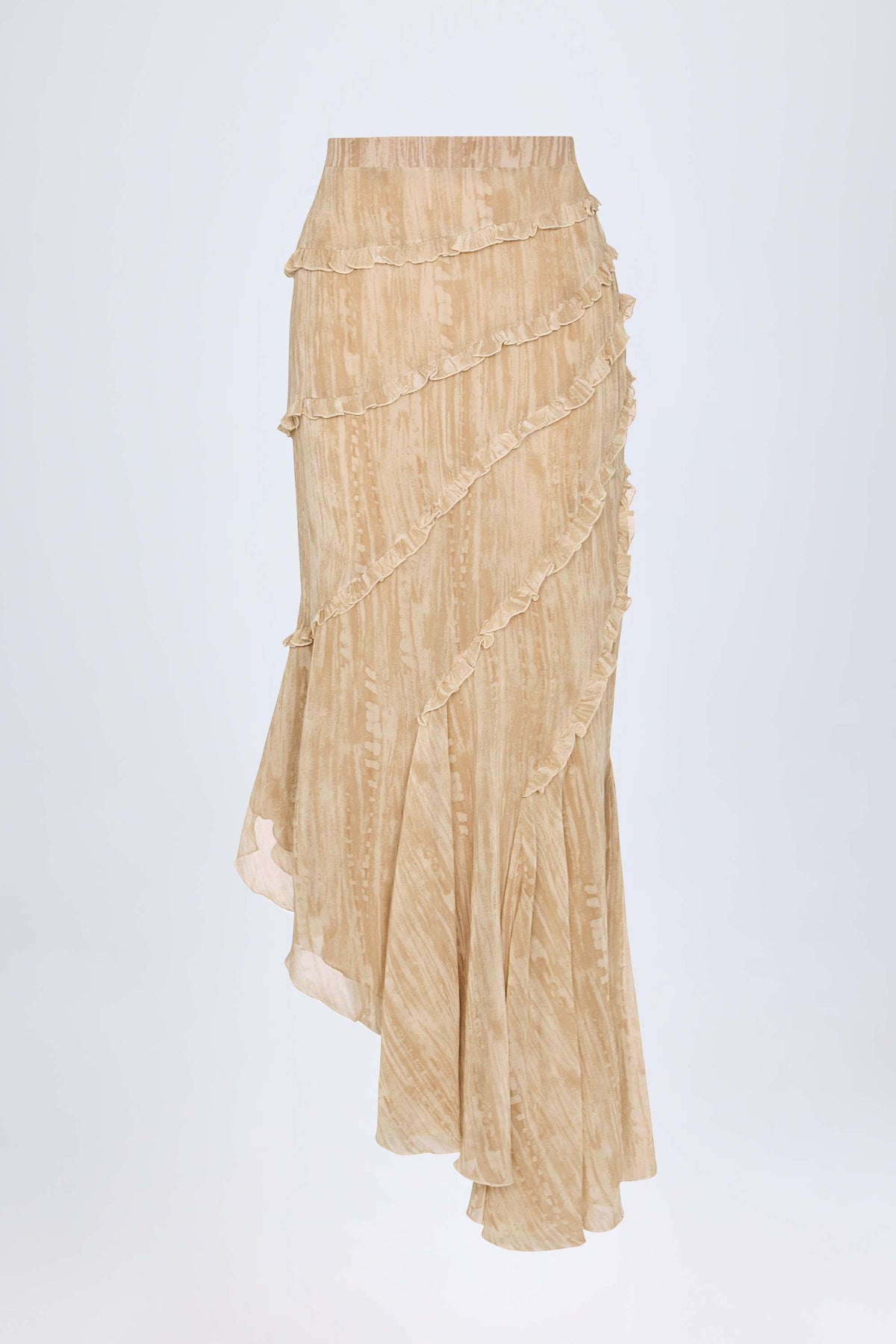 Ruffled Asymmetric Mid-Rise Maxi Skirt in Tan Print