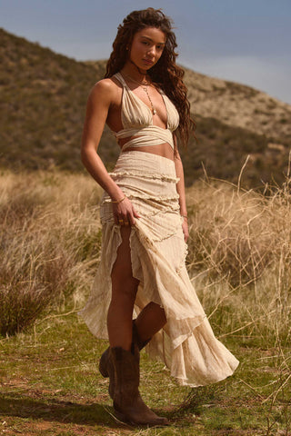 Ruffled Asymmetric Mid-Rise Maxi Skirt in Tan Print