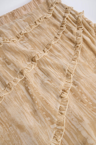Ruffled Asymmetric Mid-Rise Maxi Skirt in Tan Print