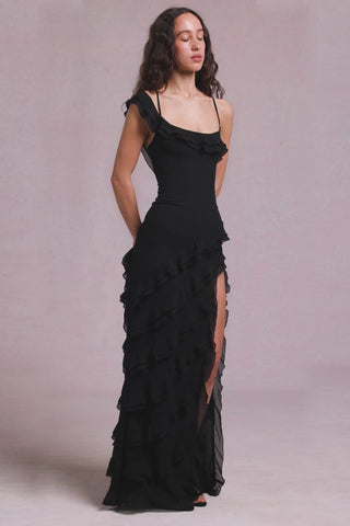 Asymmetric Ruffled Lace-Up Gown in Black