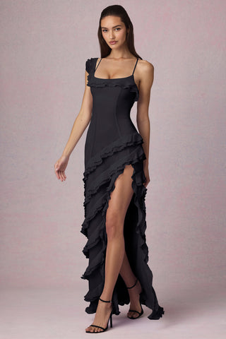 Asymmetric Ruffled Lace-Up Gown in Black