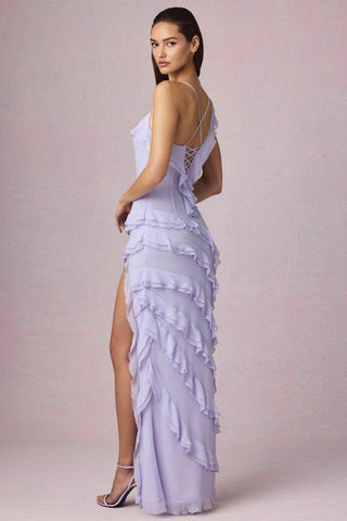 Asymmetric Ruffled Lace-Up Gown in Lilac