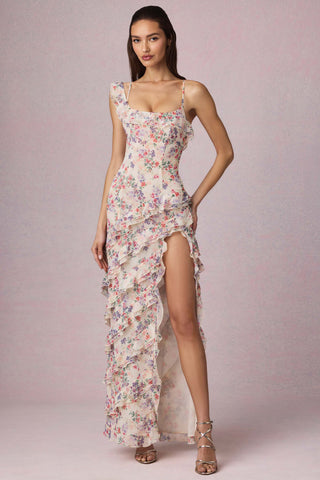 Asymmetric Ruffled Lace-Up Gown in Primrose Floral Print