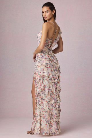 Asymmetric Ruffled Lace-Up Gown in Primrose Floral Print