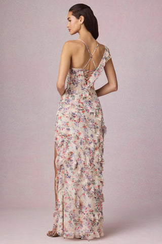 Asymmetric Ruffled Lace-Up Gown in Primrose Floral Print