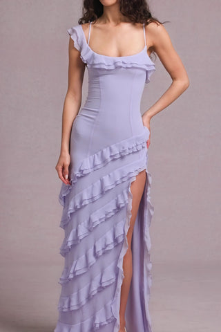 Asymmetric Ruffled Lace-Up Gown in Lilac