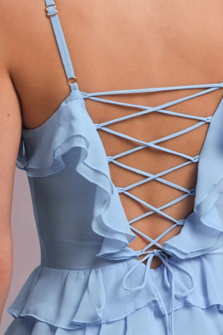 Ruffled Lace-Up A-Line Mini Dress in Powder Blue
