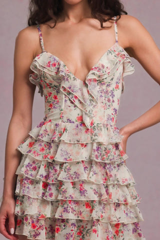 Ruffled Lace-Up A-Line Mini Dress in Primrose Floral Print