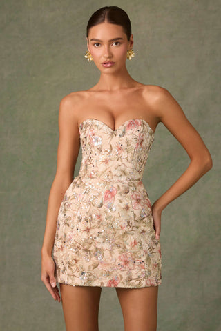 Embellished Strapless A-Line Mini Dress in Floral Beige